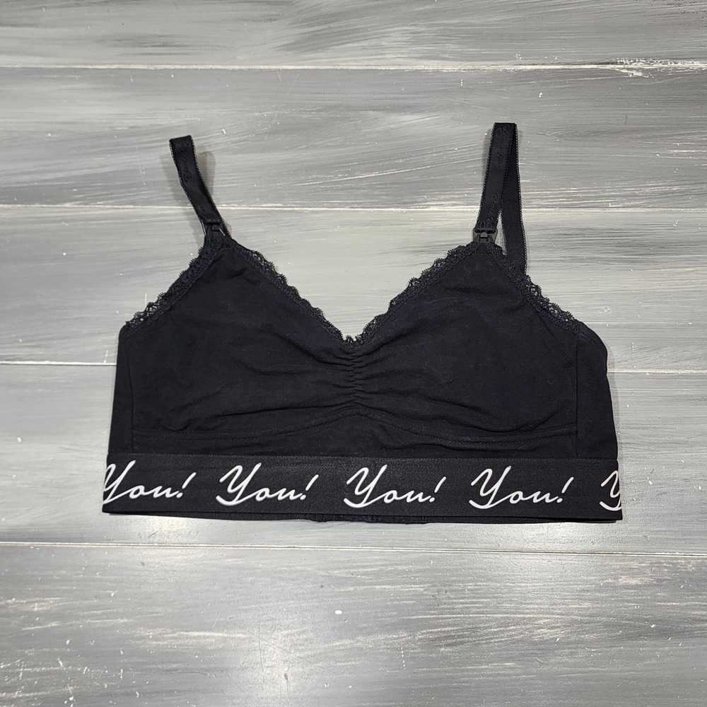 You! Lingerie Black Nursing Bralette Lace Trim Maternity Bra Large NEW